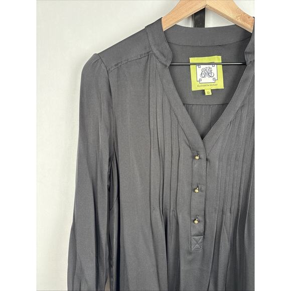 Elizabeth McKay Pleated Blouse 8 Black Women's Silk Blend Gold Button 3/4 Sleeve - Picture 3 of 13